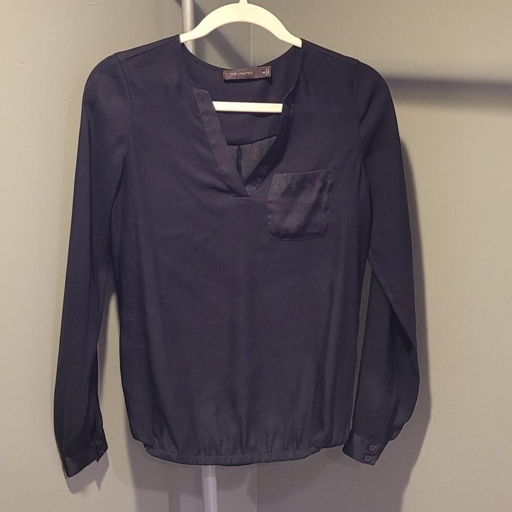 The Limited Black V-Neck Long Sleeve Blouse Satin Accents